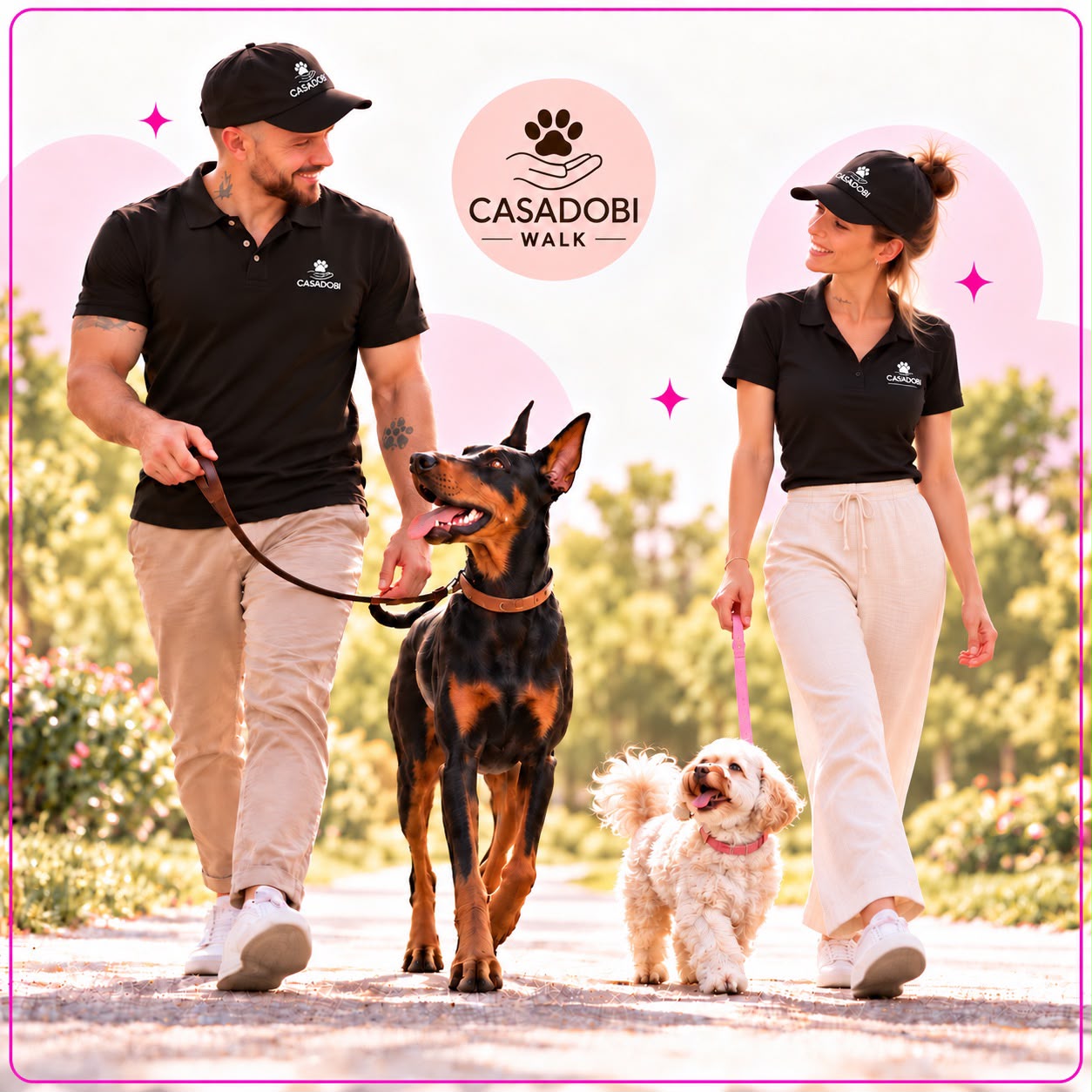 CASADOBI-Team beim Spaziergang mit Hunden